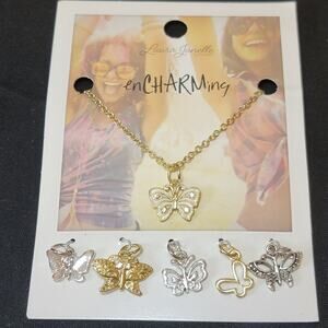 Laura Janelle Encharming Necklace‎ 6 Charms Butterfly Gold Silver Rhinestone